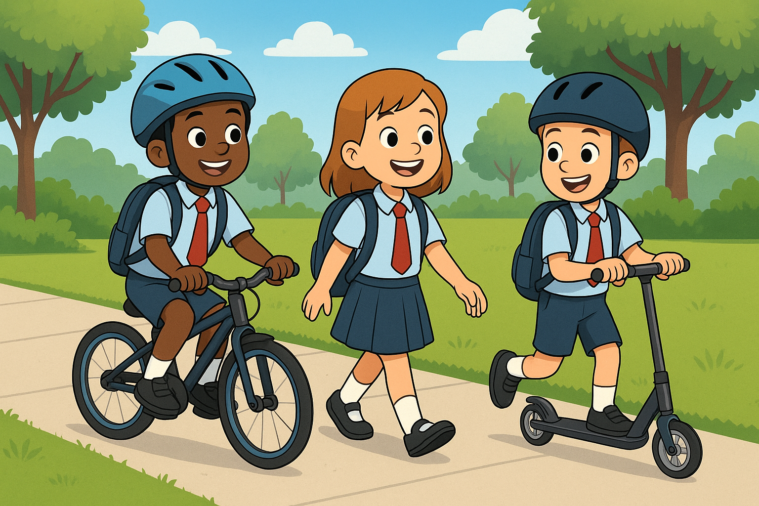 Children safely commuting to school with bikes and scooters